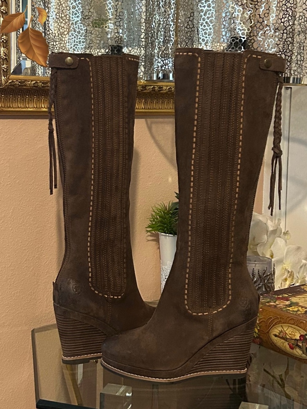 Ariat Brown Suede Leather Wedge Knee-High Boots with Braided Tassel Zipper Sz 7 - Picture 3 of 16